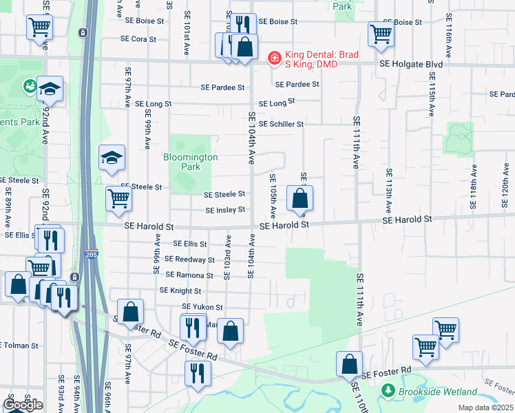 map of restaurants, bars, coffee shops, grocery stores, and more near 5411 Southeast 104th Avenue in Portland