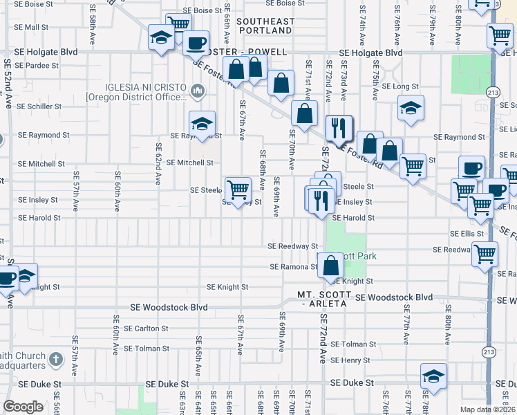 map of restaurants, bars, coffee shops, grocery stores, and more near 6730 Southeast Harold Street in Portland