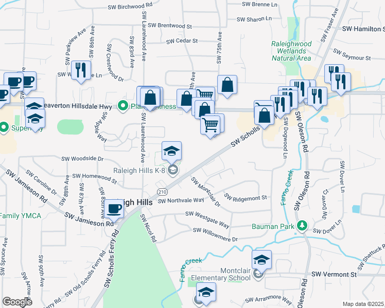 map of restaurants, bars, coffee shops, grocery stores, and more near 5145 Oregon 210 in Portland