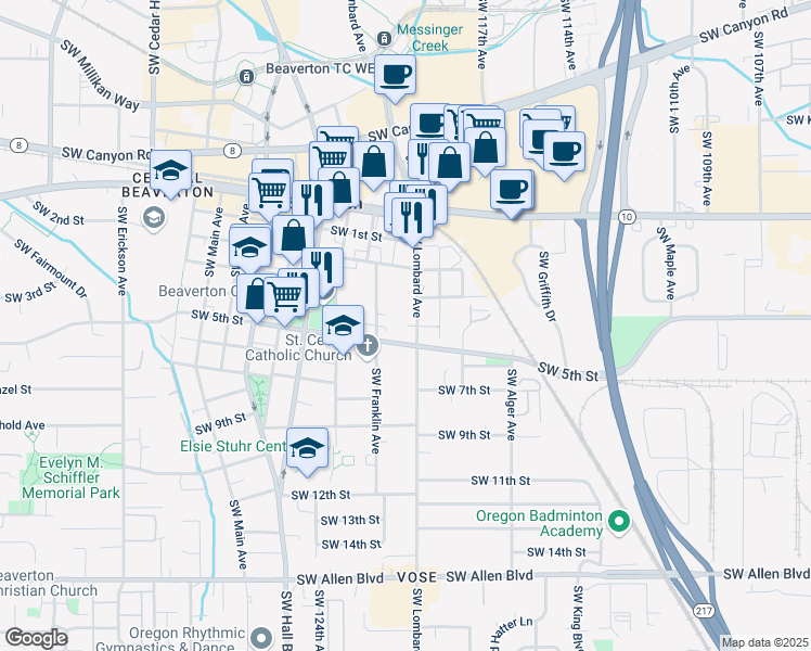 map of restaurants, bars, coffee shops, grocery stores, and more near in Beaverton