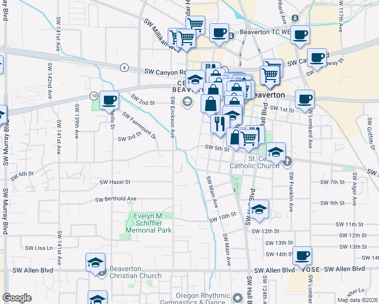 map of restaurants, bars, coffee shops, grocery stores, and more near 5130 Southwest Erickson Avenue in Beaverton