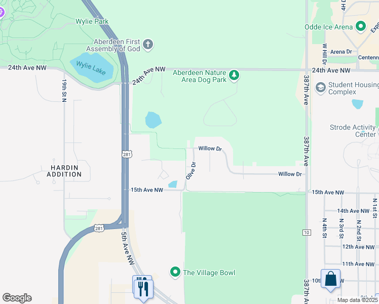map of restaurants, bars, coffee shops, grocery stores, and more near 1611 Olive Drive in Aberdeen