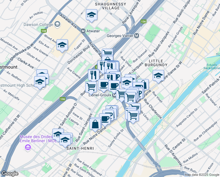 map of restaurants, bars, coffee shops, grocery stores, and more near 3177 Rue Saint-Jacques in Montréal