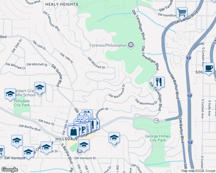 map of restaurants, bars, coffee shops, grocery stores, and more near 1125 Southwest Westwood Court in Portland