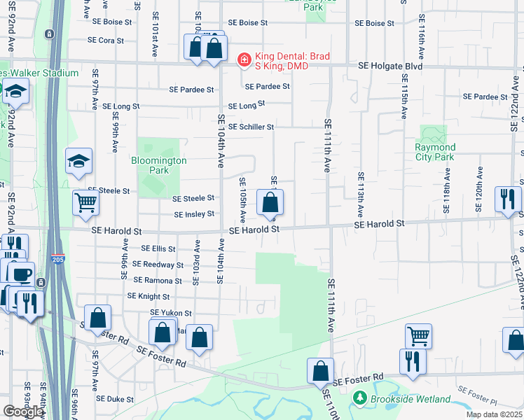 map of restaurants, bars, coffee shops, grocery stores, and more near 10624 Southeast Insley Street in Portland