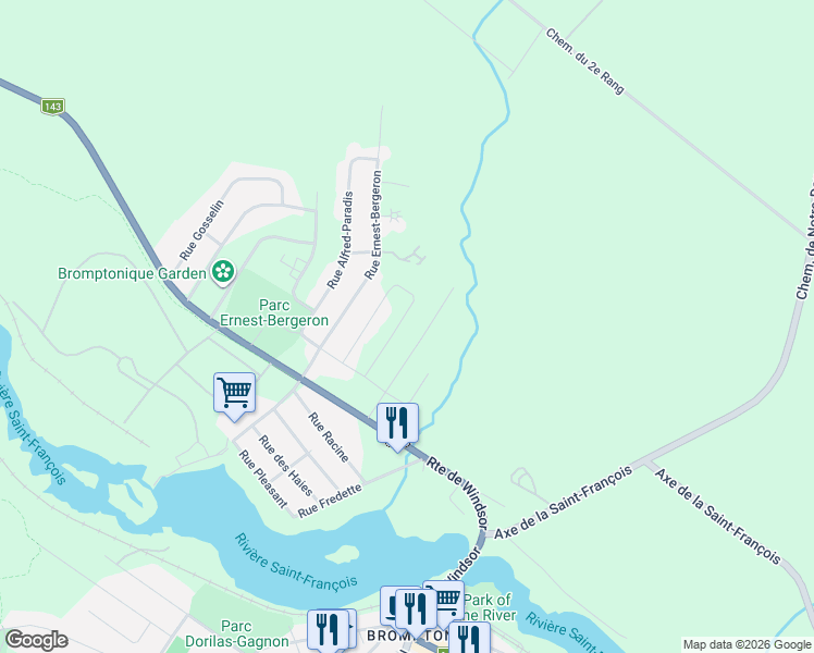 map of restaurants, bars, coffee shops, grocery stores, and more near 128 Rue Dionne in Sherbrooke