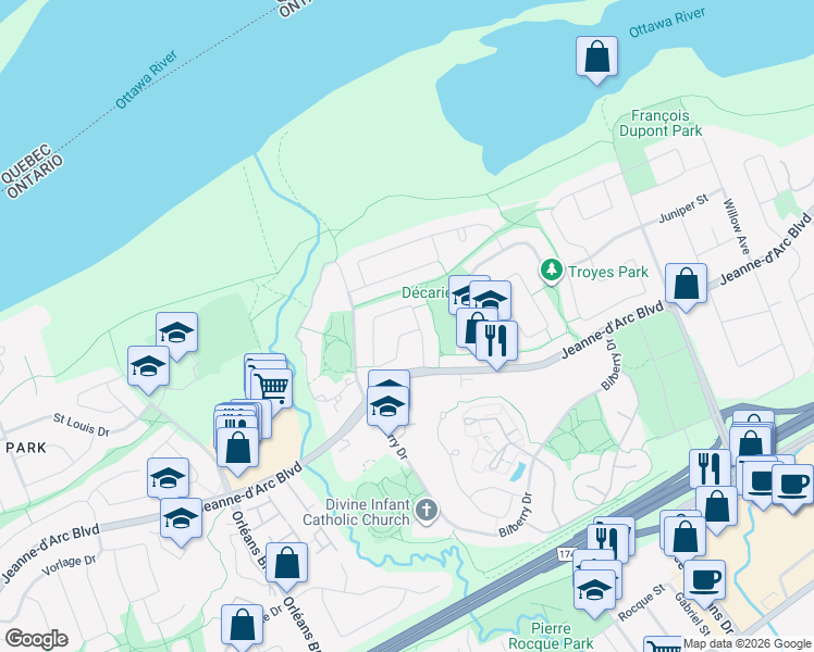 map of restaurants, bars, coffee shops, grocery stores, and more near in Ottawa