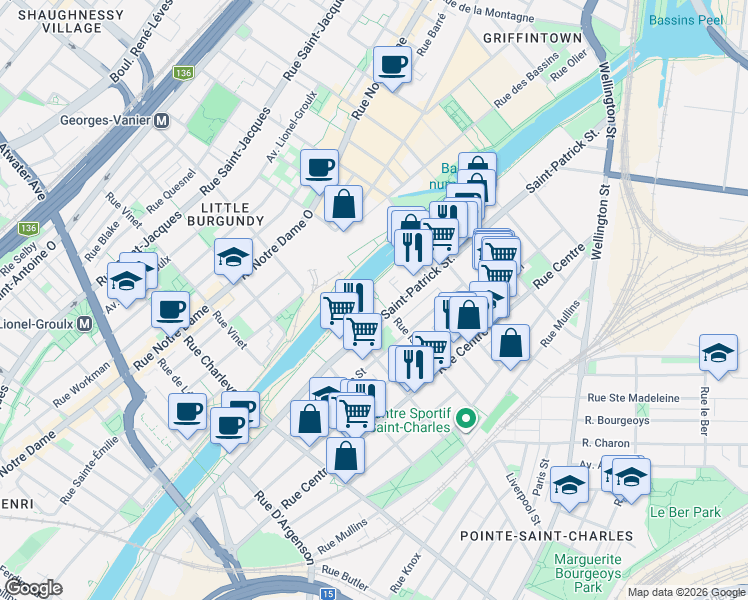 map of restaurants, bars, coffee shops, grocery stores, and more near 1450 Rue Island in Montréal