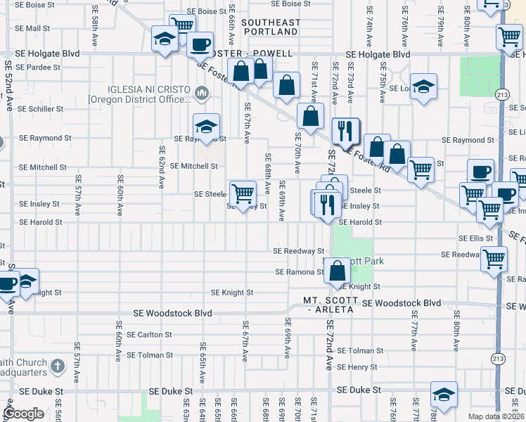 map of restaurants, bars, coffee shops, grocery stores, and more near 6730 Southeast Harold Street in Portland