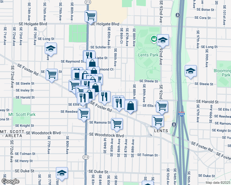 map of restaurants, bars, coffee shops, grocery stores, and more near 8589 Southeast Insley Street in Portland