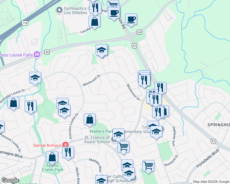 map of restaurants, bars, coffee shops, grocery stores, and more near 1426 Cheverny Crescent in Ottawa