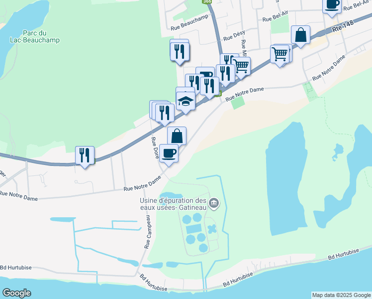 map of restaurants, bars, coffee shops, grocery stores, and more near 876 Rue Notre Dame in Gatineau
