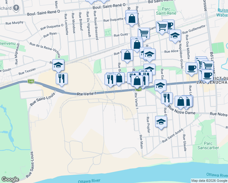 map of restaurants, bars, coffee shops, grocery stores, and more near 203 Boulevard Maloney Ouest in Gatineau