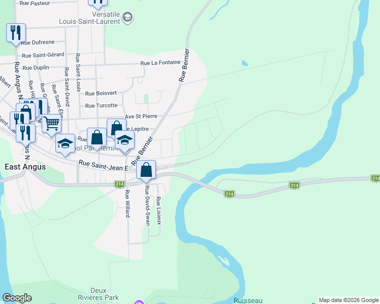 map of restaurants, bars, coffee shops, grocery stores, and more near Rue Saint-François in East Angus