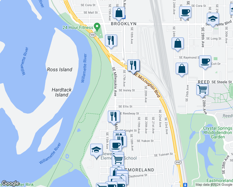 map of restaurants, bars, coffee shops, grocery stores, and more near 5416 Southeast Milwaukie Avenue in Portland