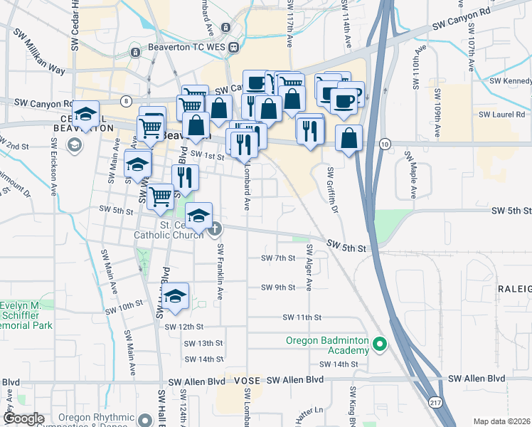 map of restaurants, bars, coffee shops, grocery stores, and more near 11825 Southwest 5th Street in Beaverton