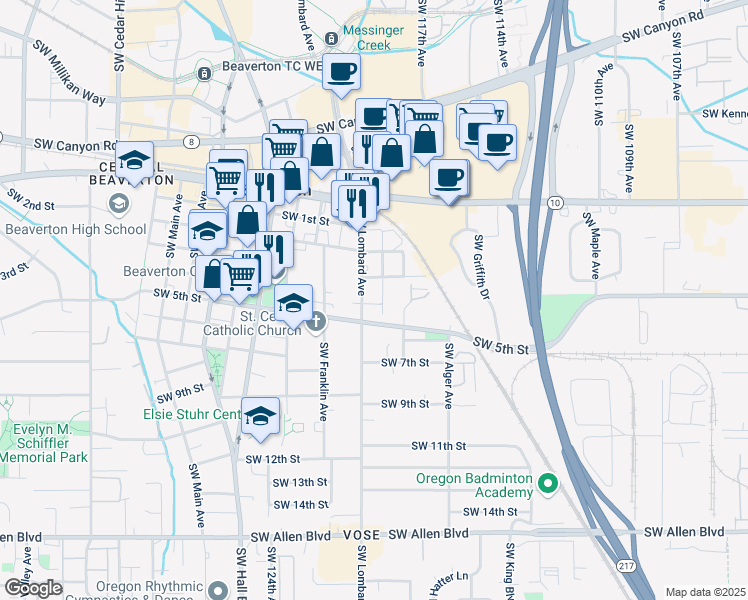 map of restaurants, bars, coffee shops, grocery stores, and more near in Beaverton