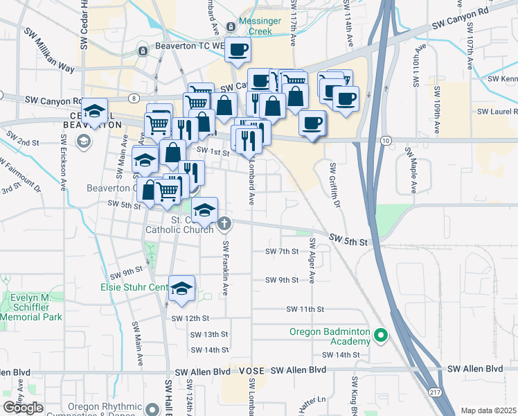 map of restaurants, bars, coffee shops, grocery stores, and more near in Beaverton