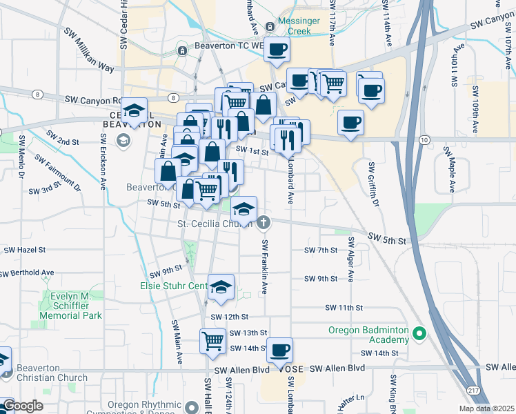 map of restaurants, bars, coffee shops, grocery stores, and more near 12150 Southwest 5th Street in Beaverton