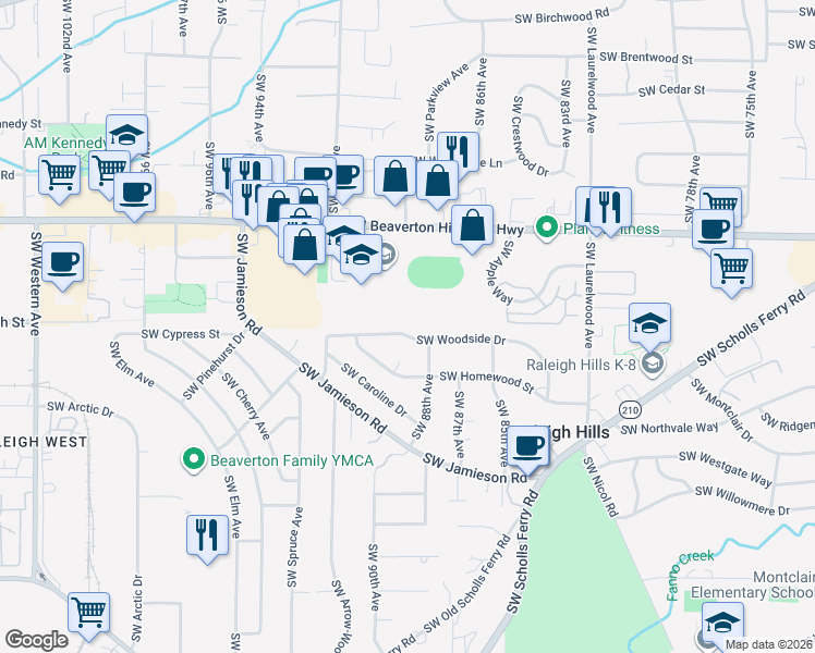 map of restaurants, bars, coffee shops, grocery stores, and more near 8875 Southwest Woodside Drive in Portland