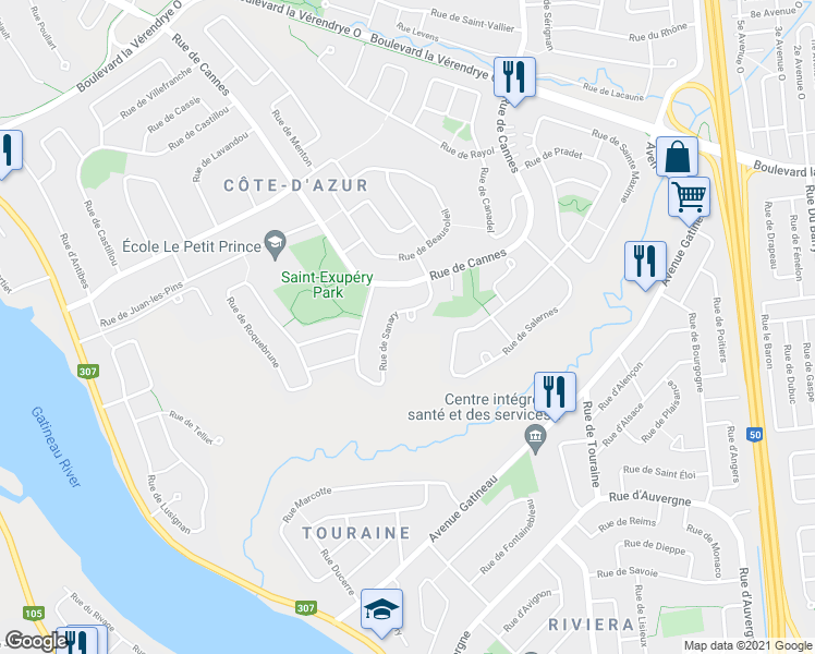 map of restaurants, bars, coffee shops, grocery stores, and more near 28 Rue de Sanary in Gatineau