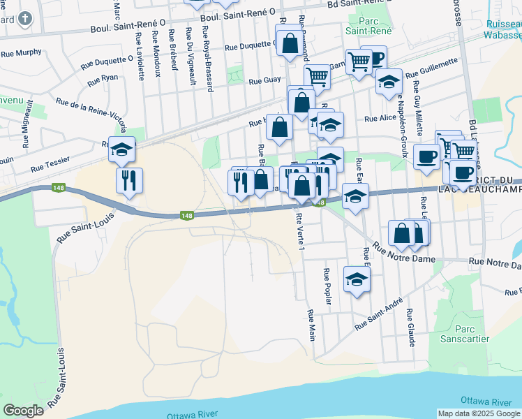 map of restaurants, bars, coffee shops, grocery stores, and more near 201 Boulevard Maloney Ouest in Gatineau