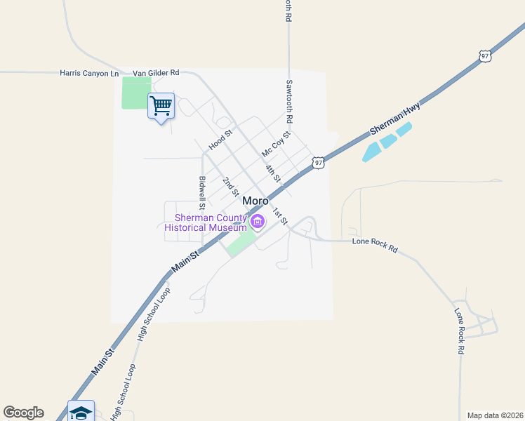 map of restaurants, bars, coffee shops, grocery stores, and more near 105 Main Street in Moro