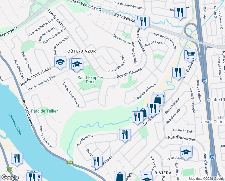 map of restaurants, bars, coffee shops, grocery stores, and more near 28 Rue de Sanary in Gatineau