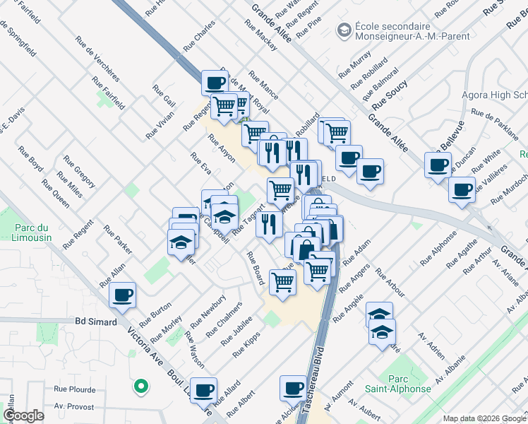 map of restaurants, bars, coffee shops, grocery stores, and more near 275 Rue Taggart in Longueuil
