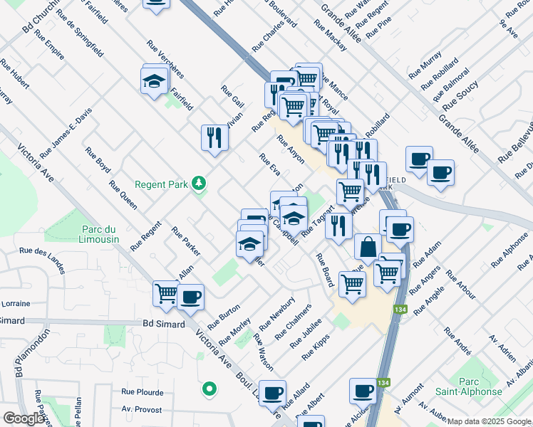 map of restaurants, bars, coffee shops, grocery stores, and more near 715 Rue Campbell in Greenfield Park