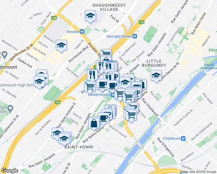 map of restaurants, bars, coffee shops, grocery stores, and more near 3177 Rue Saint-Jacques in Montréal