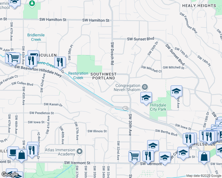 map of restaurants, bars, coffee shops, grocery stores, and more near 5440 Southwest Martha Terrace in Portland
