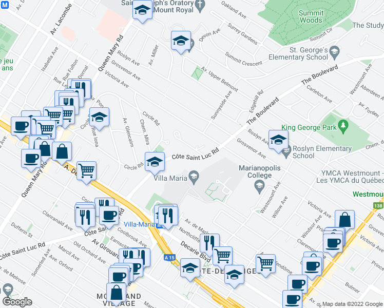map of restaurants, bars, coffee shops, grocery stores, and more near 4851 Côte Saint Luc Road in Montreal