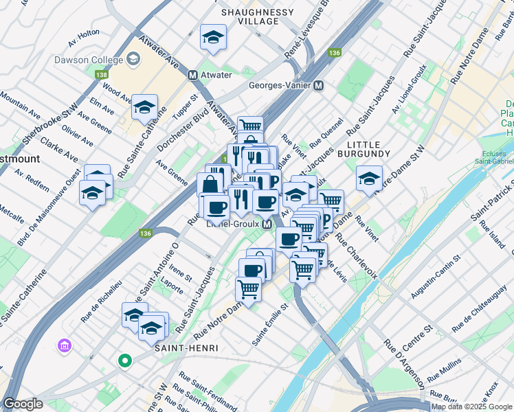 map of restaurants, bars, coffee shops, grocery stores, and more near 3177 Rue Saint-Jacques in Montréal