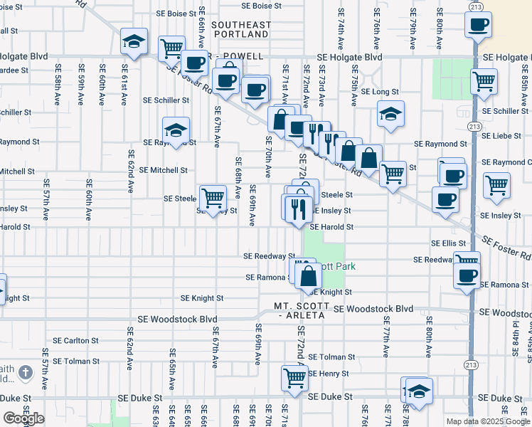 map of restaurants, bars, coffee shops, grocery stores, and more near 5411 Southeast 70th Avenue in Portland