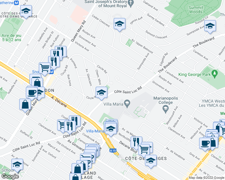 map of restaurants, bars, coffee shops, grocery stores, and more near 4965 Chemin de la Côte Saint Luc in Montréal
