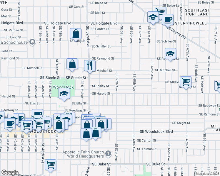 map of restaurants, bars, coffee shops, grocery stores, and more near 5566 Southeast Insley Street in Portland