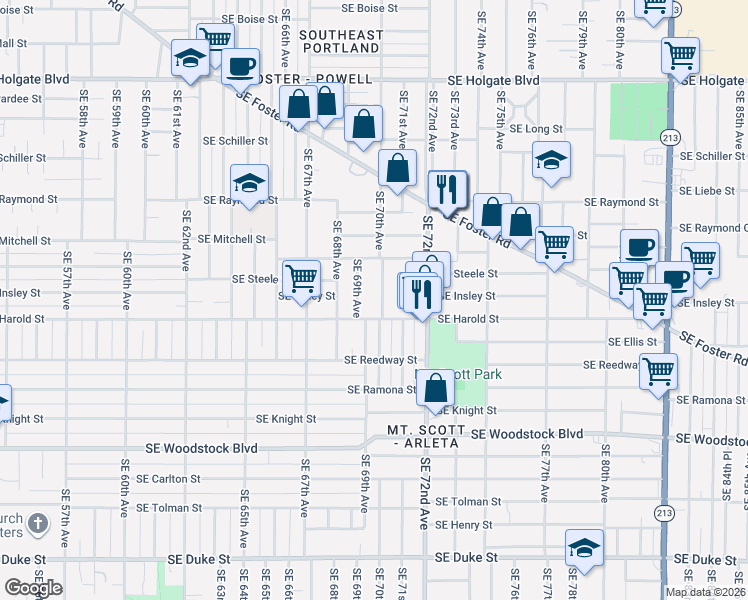 map of restaurants, bars, coffee shops, grocery stores, and more near 5411 Southeast 70th Avenue in Portland
