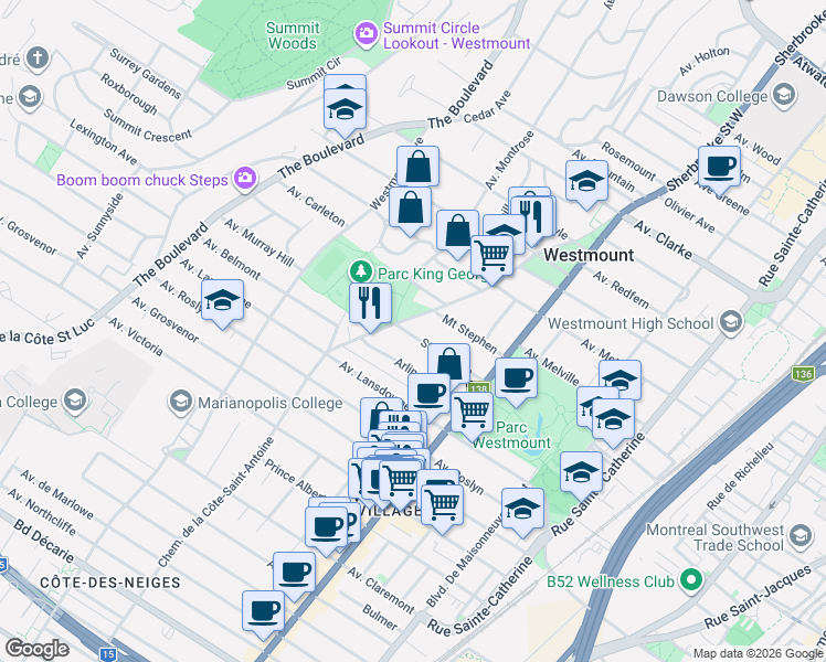 map of restaurants, bars, coffee shops, grocery stores, and more near 489 Avenue Strathcona in Westmount