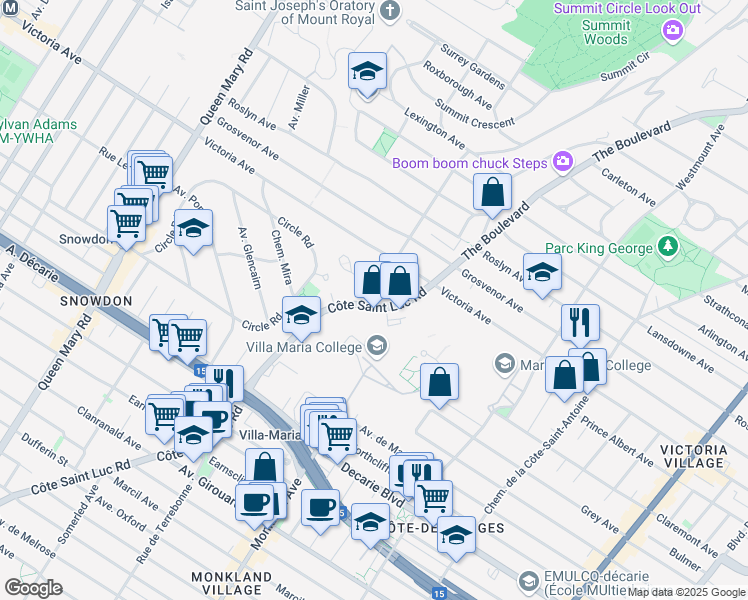 map of restaurants, bars, coffee shops, grocery stores, and more near 4851 Chemin de la Côte Saint Luc in Montréal