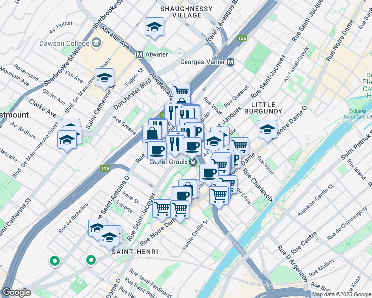 map of restaurants, bars, coffee shops, grocery stores, and more near in Montreal