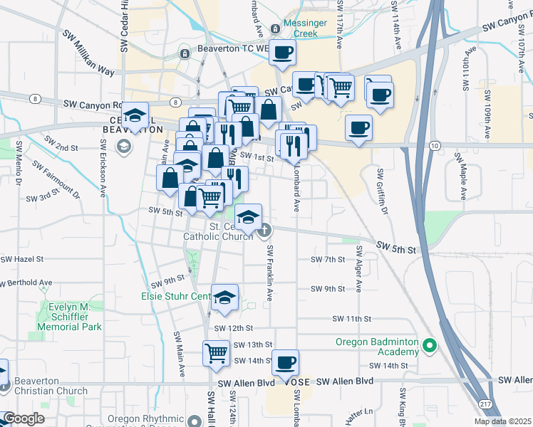 map of restaurants, bars, coffee shops, grocery stores, and more near 4975 Southwest Franklin Avenue in Beaverton