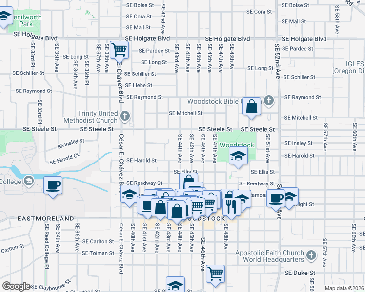 map of restaurants, bars, coffee shops, grocery stores, and more near 5356 Southeast 44th Avenue in Portland