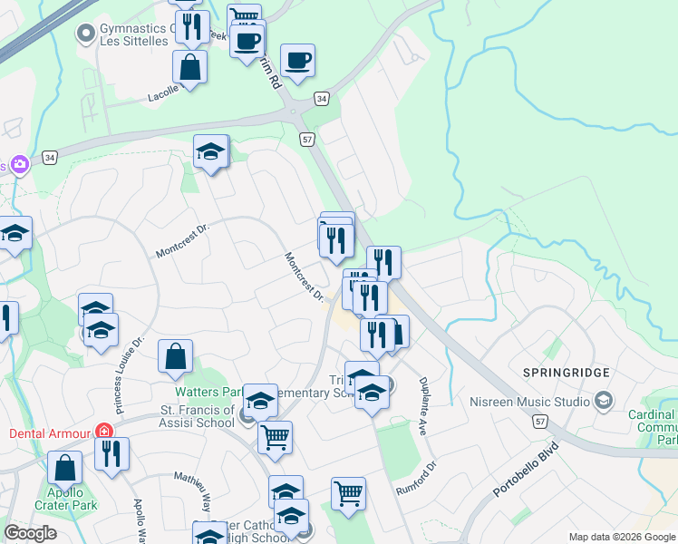 map of restaurants, bars, coffee shops, grocery stores, and more near 915 Watters Road in Ottawa