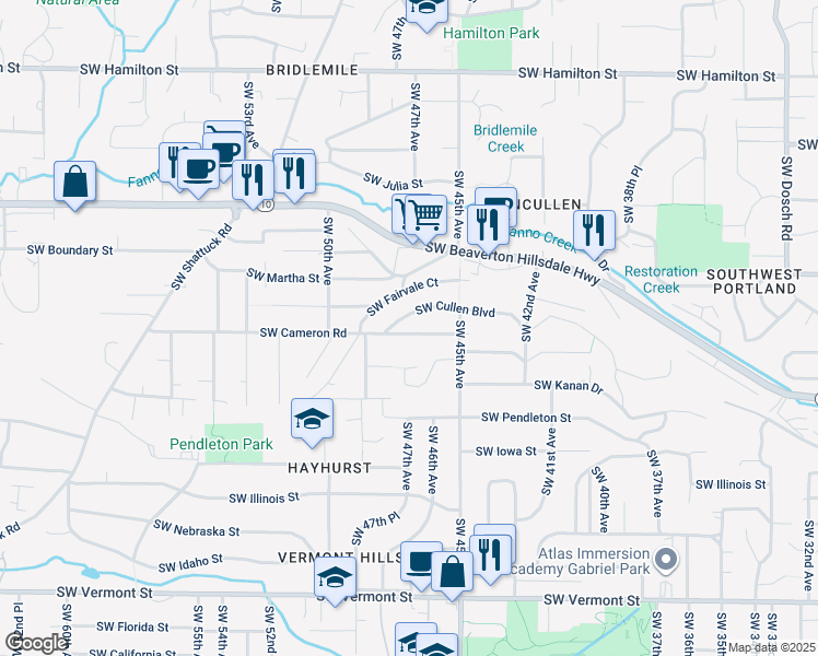 map of restaurants, bars, coffee shops, grocery stores, and more near 4645 Southwest Cameron Road in Portland