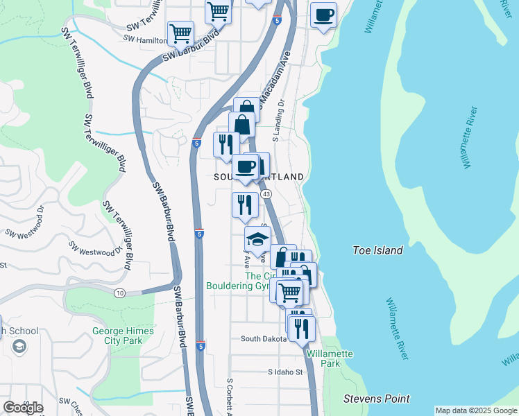 map of restaurants, bars, coffee shops, grocery stores, and more near 5615 South Macadam Avenue in Portland