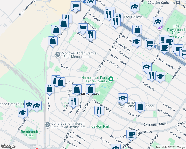 map of restaurants, bars, coffee shops, grocery stores, and more near 5781 Rue Fleet in Hampstead