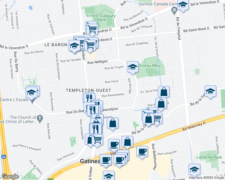 map of restaurants, bars, coffee shops, grocery stores, and more near 26 Rue Sylvain in Gatineau