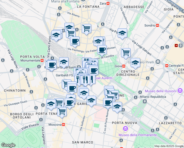 map of restaurants, bars, coffee shops, grocery stores, and more near Piazza Gae Aulenti in Milano
