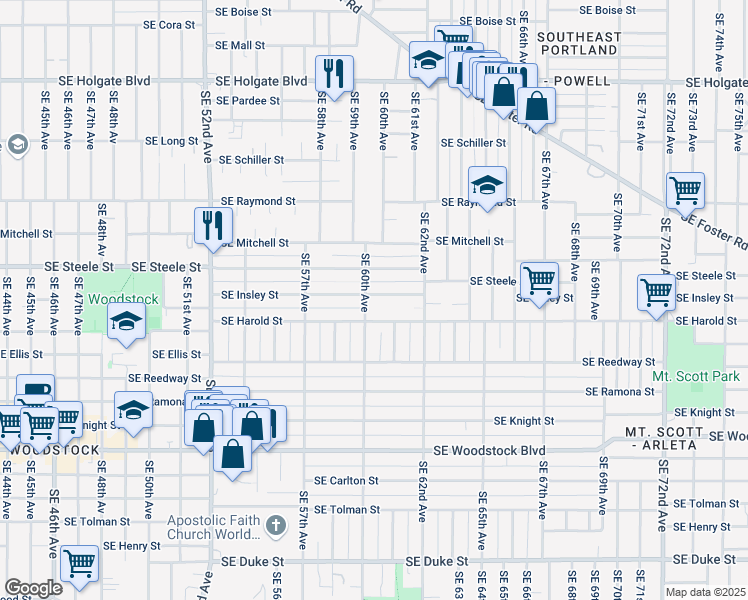 map of restaurants, bars, coffee shops, grocery stores, and more near 5506 Southeast 61st Avenue in Portland